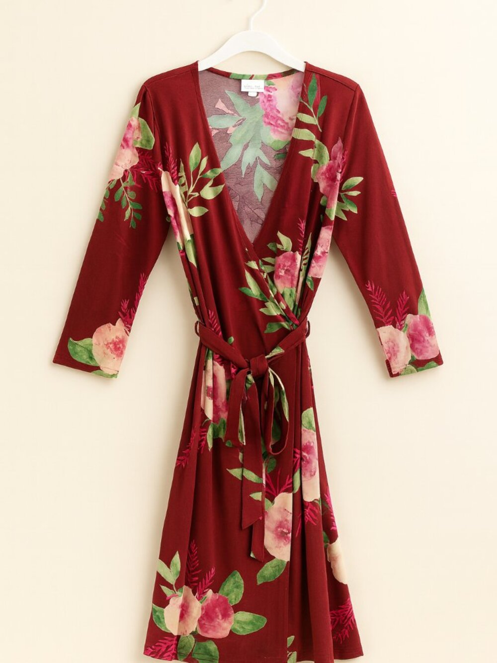 Burgundy Floral Wrap Dress | Midi Dress | 3/4 Sleeve | Size L